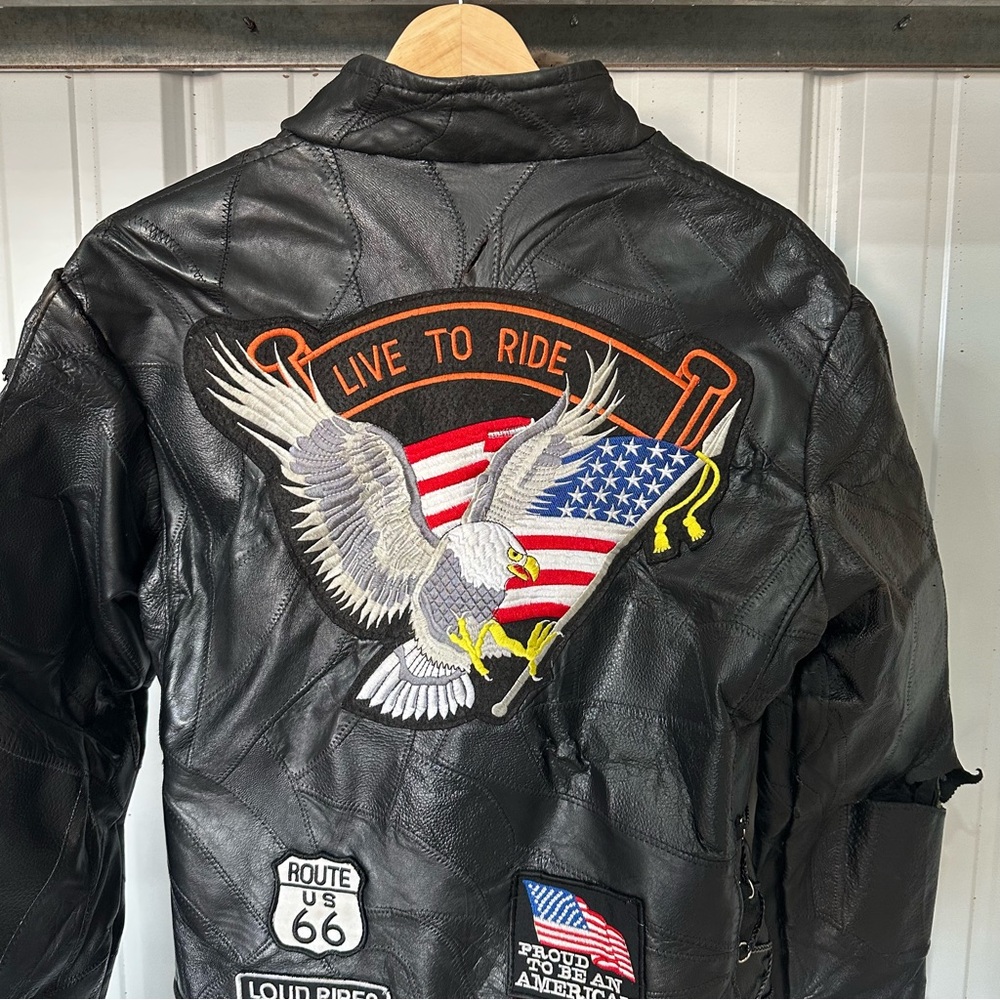 Vintage Mens Diamond Plate Buffalo Motorcycle Black Leather Patch Jacket Medium - Picture 3 of 10